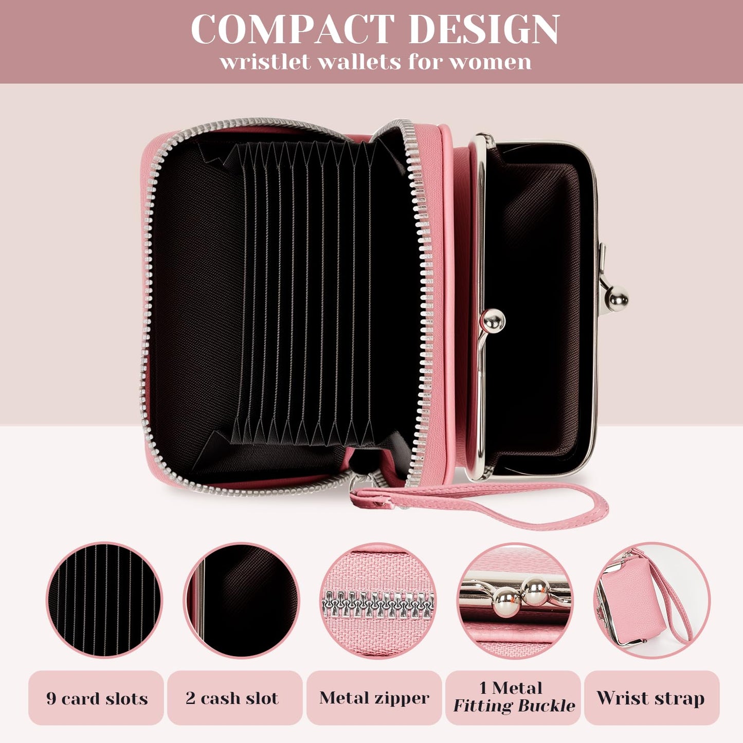 Women's RFID Blocking Wristlet Wallet - 2-in-1 Zip-Around with Coin Purse & Card Slots - Vegan Leather with Secure Clasp (Gift Ready)(Pink)