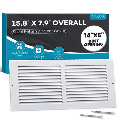 VOISEN Return Air Grille,Fits 14x6 Duct Opening,Steel Return Vent Cover, White Vent Cover Grill for Sidewall and Ceiling,HAVC Cold Air Return Vent Cover,Overall Size:15.8"W X 7.9"H
