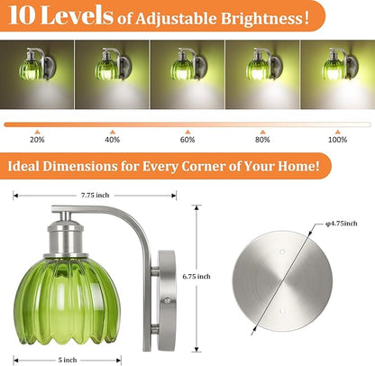 Rechargeable Battery Operated Wall Sconce Set of Two with Green Glass Lampshade, Wireless Wall Scone Decor with Remote Control, 15 Colors Brushed Nickle Wall Light for Bedside Hallway Bedroom Doorway