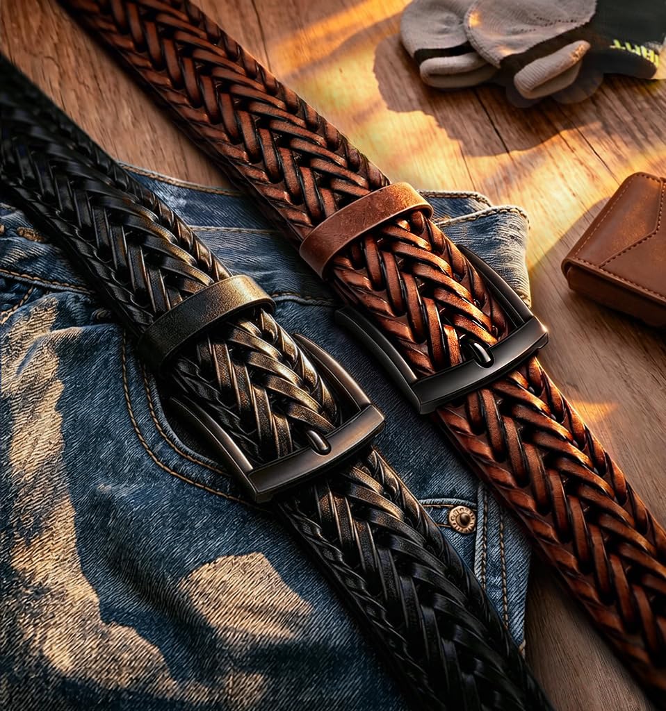 BULLIANT Men Belt 2Pack,Braided Woven Leather Belt For Men Golf Casual Jeans 1 3/8"(Black/Light Brown,28"-32" Waist Adjustable)