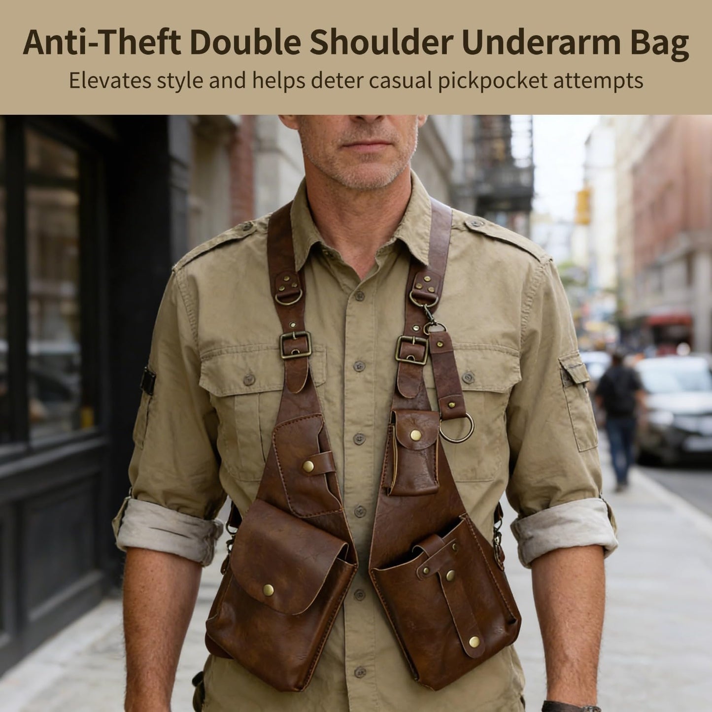 Anti-Theft Double Shoulder Underarm Bag Adjustable PU Leather Harness Chest Rig, Body Fit Vest Pouch with 4 Pockets, Vintage Viking Punk Crossbody Utility Bag for Travel Festival Cosplay
