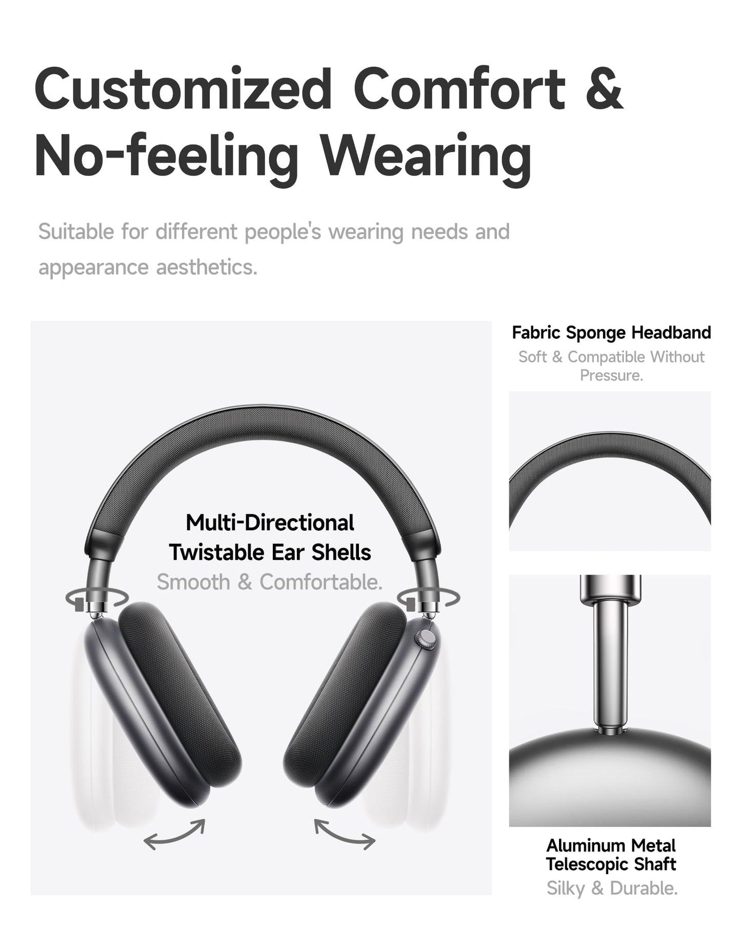 Picun F8 Pro Hybrid Active Noise Cancelling Headphones with Multiple Modes, Wireless Over-Ear Bluetooth Headphones, 140H Playtime, Customizable Sound, Head Tracking, USB-C Charge, Travel, Office, Gray