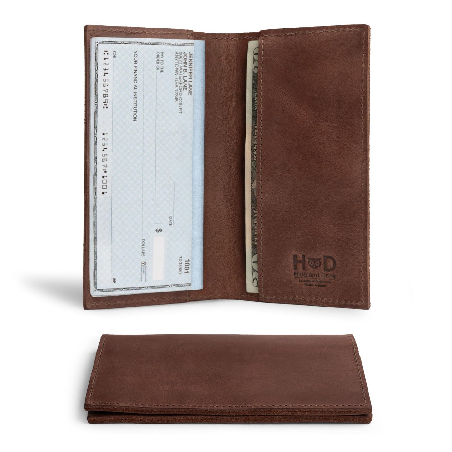 Hide & Drink, Checkbook Cover, Minimalist Organizer for Personal or Business Finances, Bill Holder, Full Grain Leather, Handmade, Bourbon Brown