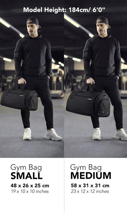 Fitgriff® Gym Bag for Men & Women with Shoe & Wet Compartment - Duffle Bag for Travel, Sports, Fitness & Workout (Full Black, 19 x 10 x 10″ (Small))