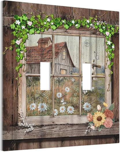 Farm Barn Farmhouse Rustic Country Flower Double Toggle Light Switch Cover Decorative 2 Gang Wall Plate Electrical Switchplate Faceplate for Bathroom Kitchen Decorate Accessories
