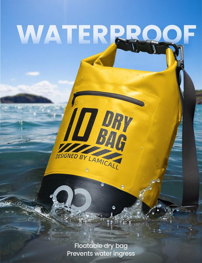 Lamicall Waterproof Dry Bag with Phone Pouch - 5L/10L/20L/30L/40L Floating Roll Top Backpack for Kayaking Boating Beach Camping Fishing - Heavy Duty 500D PVC Marine Dry Sack for Men,Women, Yellow 10L
