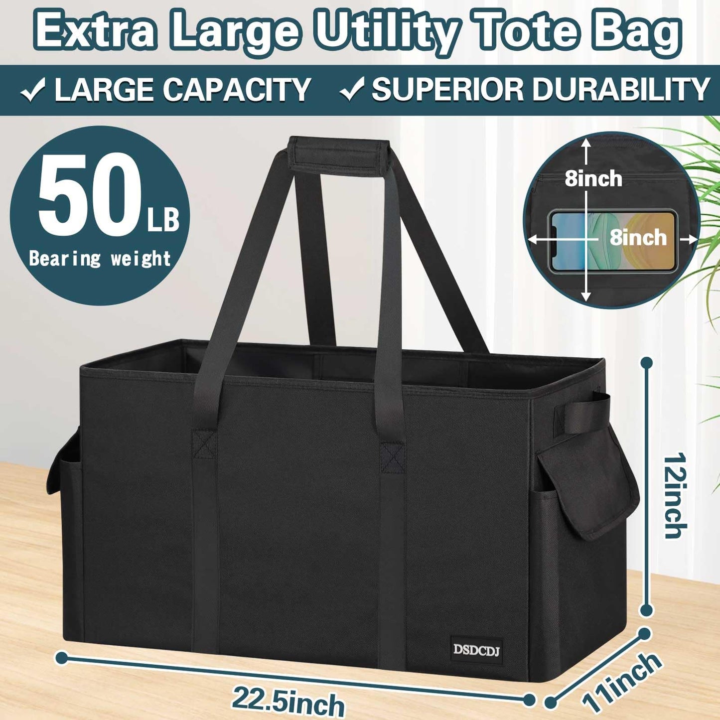 DSDCDJ Sturdy Extra Large Utility Tote Bag with Hard Bottom & Sides, Heavy Duty Grocery Tote Bag, Thirty One Utility Tote with Handles for Shopping, Beach, Picnics, Camping, Car (22.5"x11"x12")