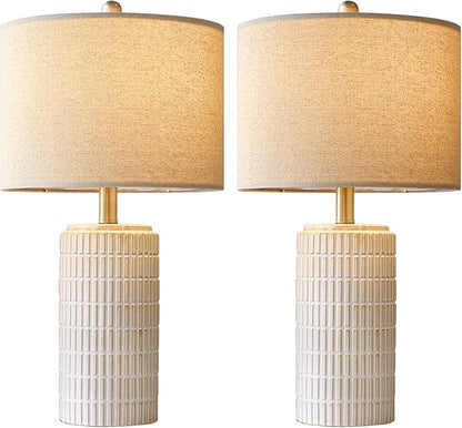 PoKat 24" Modern Ceramic Table Lamps Set of 2 for Bedroom, White Bedside Lamps for Night Stands, Farmhouse Desk Decor Nightstand Table Lamps for Living Room End Table Beige