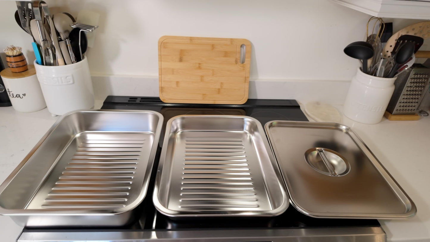 Geesta Grilling Prep and Serve Tays, Stainless Steel Large Capacity Food Prep Tray, Grill Carry System, Marinade Container with Lid and Cutting Board,BBQ Grill Accessories, Grilling Gifts for Men