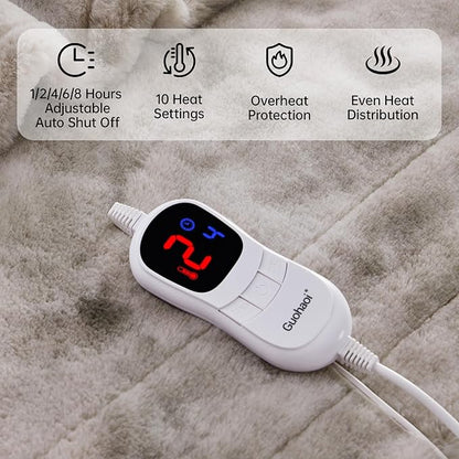 Guohaoi Heated Blanket Electric Throw, Soft Faux Rabbit Fur Electric Blanket with 10 Heating Levels 5 Sitting Timer Auto Off, Cozy Warm Heating Blankets, Machine Washable(90"×100" Light Grey)