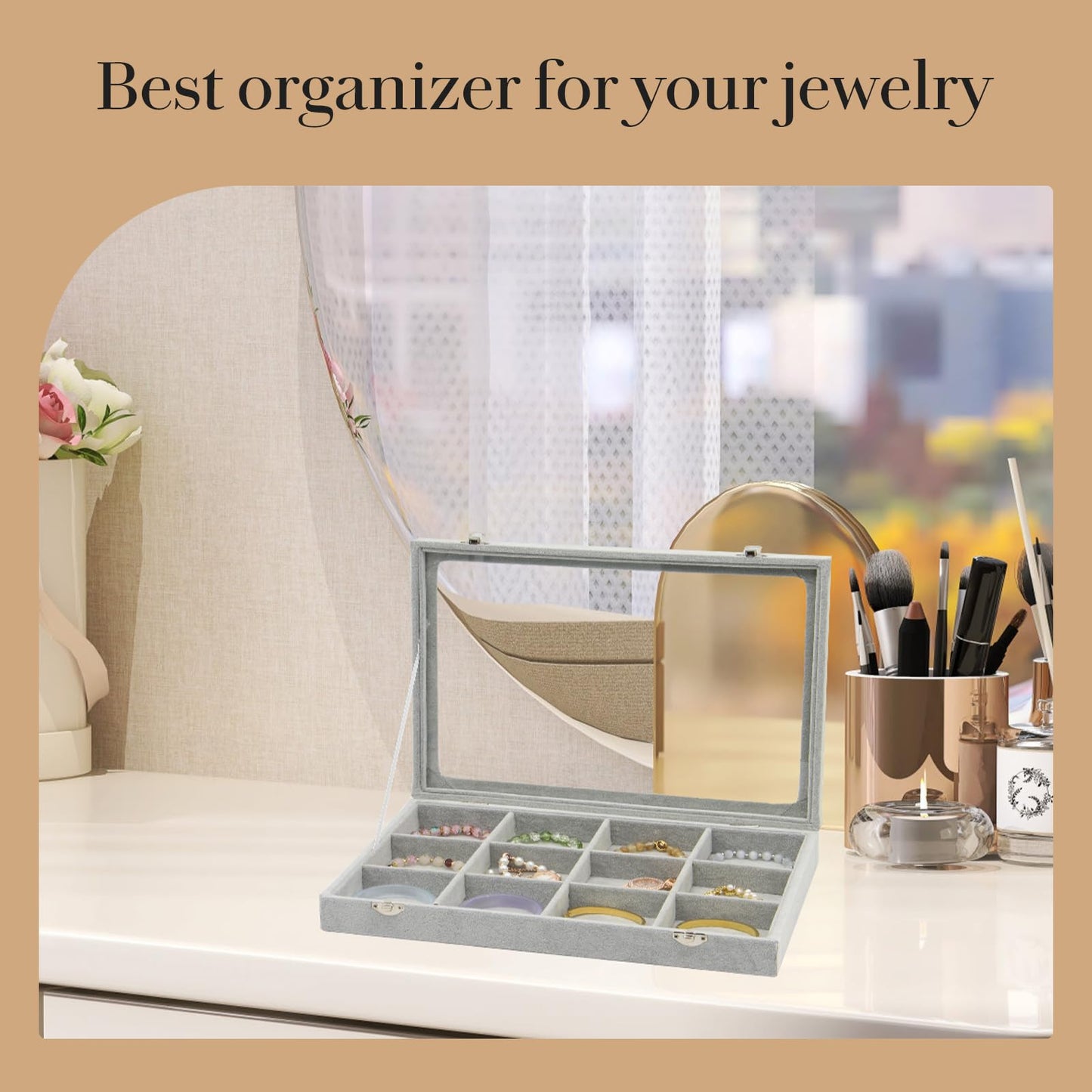 KOOAAICCHI Jewelry Organizer Bracelet Organizer Storage Box 12 Grid Stackable Jewelry Tray with Lid Velvet Jewelry Box Case Organizer for Home Drawer Desk or Store Selling Show(Velvet Grey)