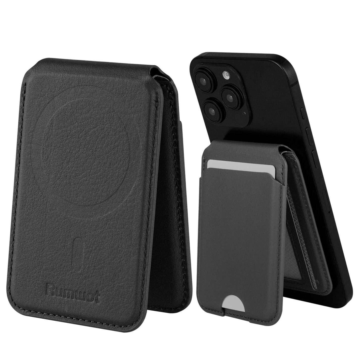 Rumwot for MagSafe Phone Wallet, Genuine Leather Magnetic Card Holder for iPhone, Magsafe Phone Wallet with Adjustable Bracket, 3 Card Holders, Compatible with iPhone 16/15/14/13/12 Series (Black)