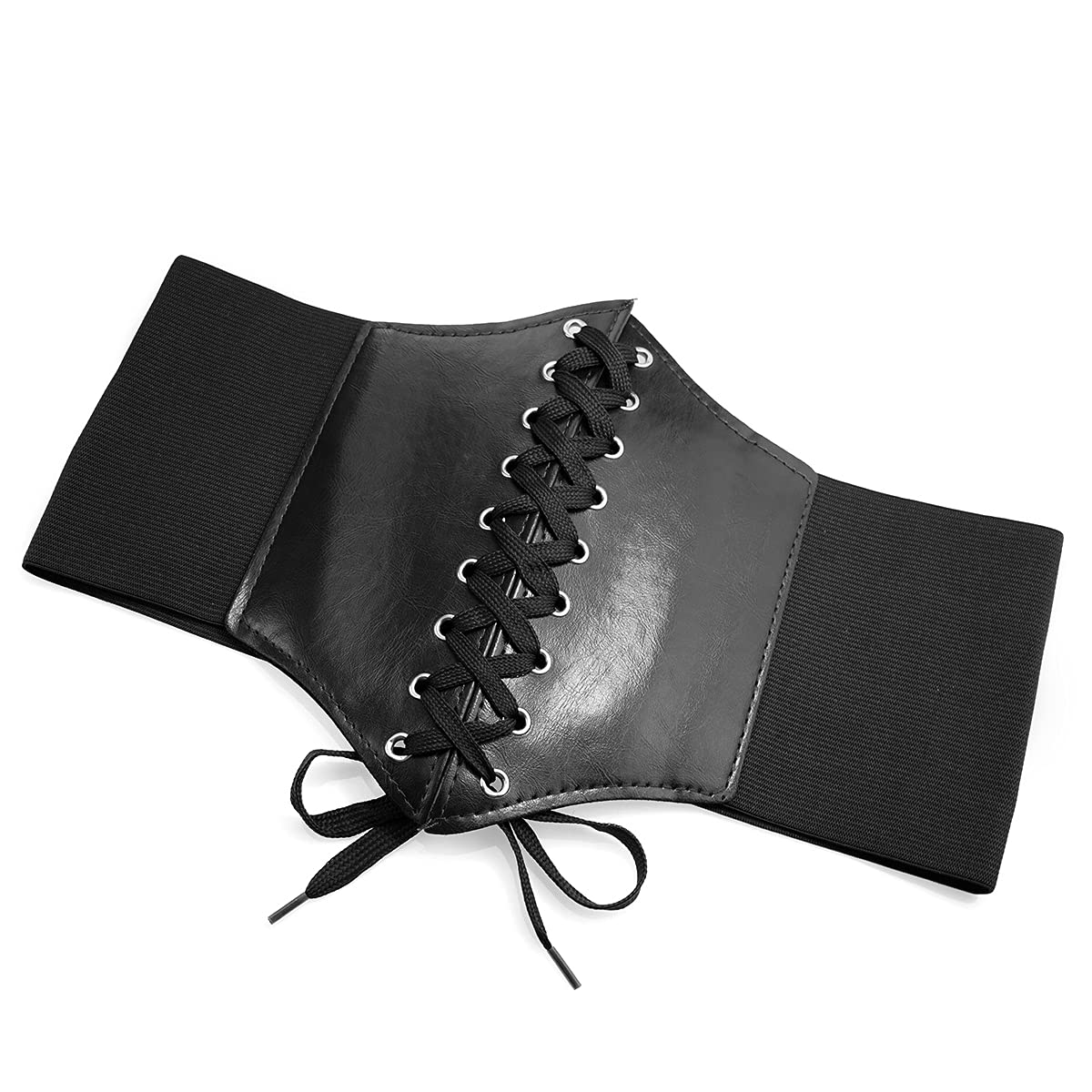 YooAi Leather Corset Belt for Women - Lace-up Elastic Waist Retro Wide Cinch Waistband for Dresses - Black 75cm