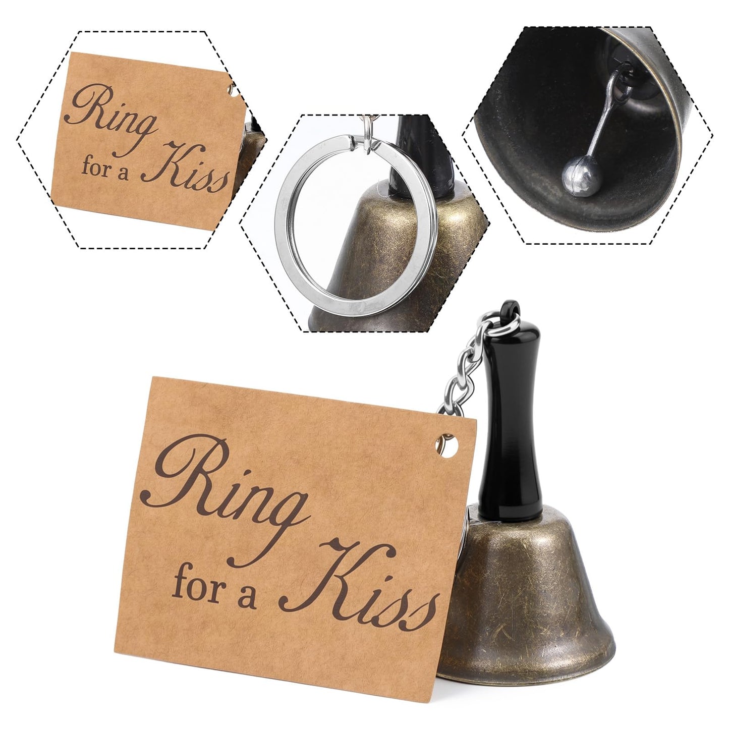 24 Set Bronze Wedding Bells with 'Ring for a Kiss' Cards Bulk Kissing Bells for Reception Decorations, Guest Favors, Table Centerpieces & Goodie Bag Party Supplies