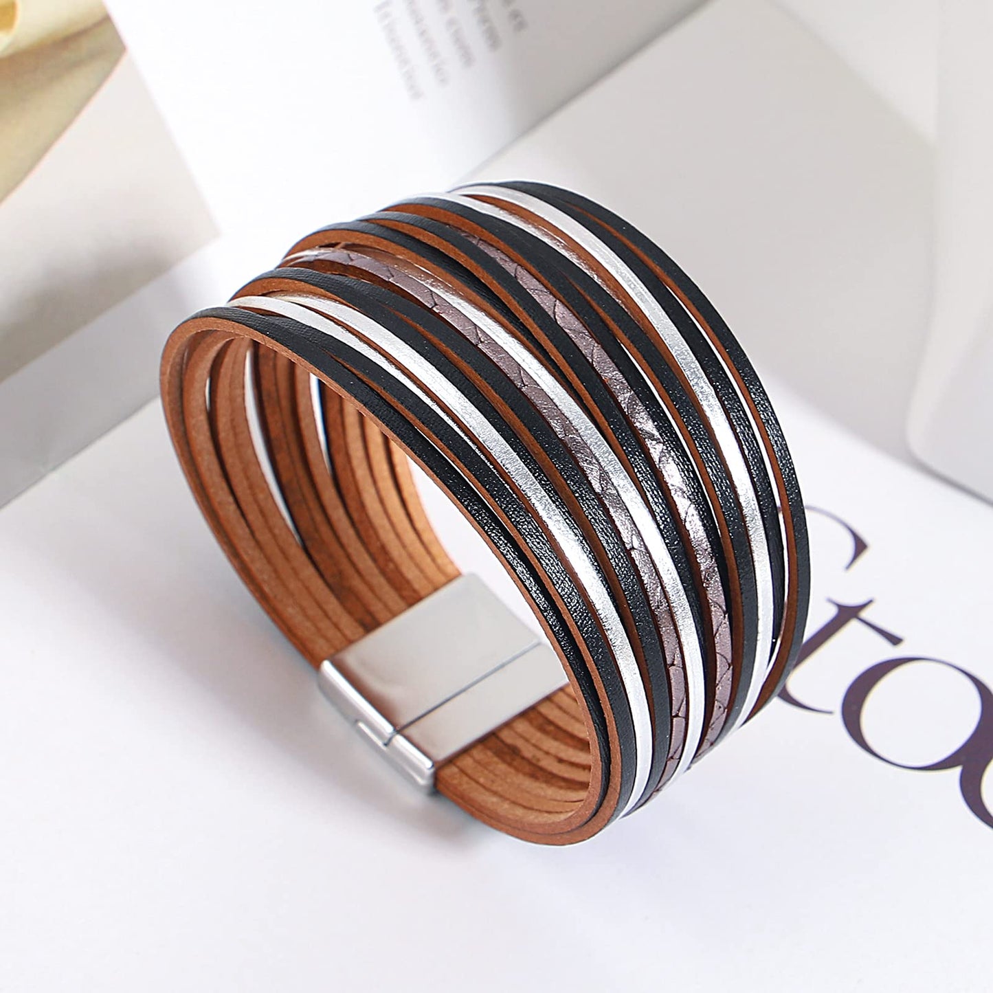 hotoo Boho Leather Bracelets for Women Black Wrap Bracelet Cuff Handmade Stackable Layered Chunky Colored Men Wristbands Christmas
