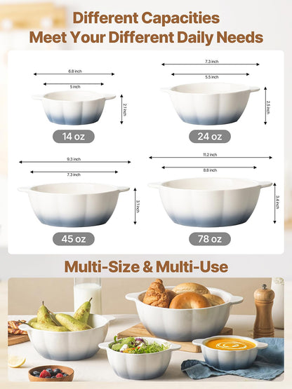 MISSYSSIM Large Soup Bowls Set of 4, Pumpkin Microwave Mixing Bowls with Handle, Ceramic Serving Bowls for Prepping, Pasta, Salad - Kitchen Cooking and Baking Supplies, Mothers Day Gift