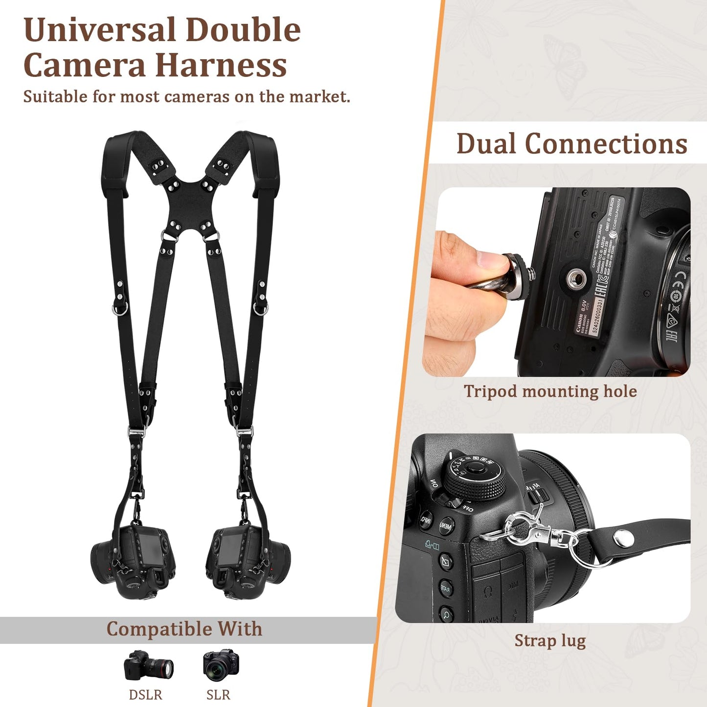 Jumyee Double Camera Harness for 2 Cameras, Adjustable Dual Shoulder Leather Camera Strap for DSLR/SLR(Black Leather)