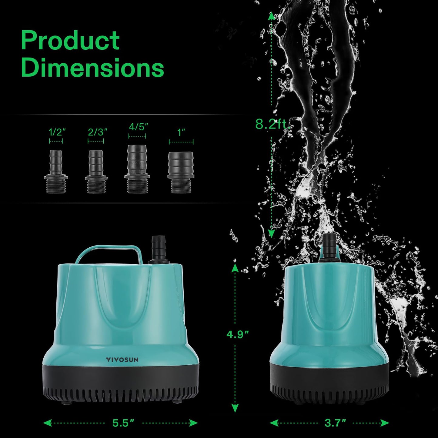 VIVOSUN 660GPH 40W Submersible Pump for Fish Tank, Pond, Aquarium, Hydroponic Systems with 5ft Power Cord and 4 Nozzles Blue