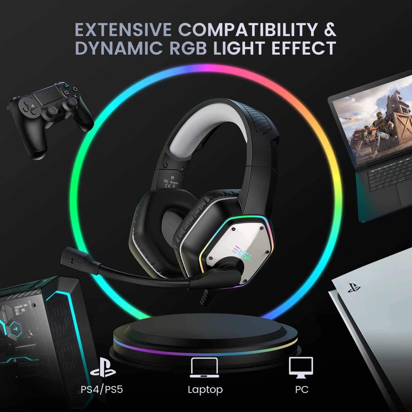EKSA E1000 USB Gaming Headset for PC, Computer Headphones with Microphone/Mic Noise Cancelling, 7.1 Surround Sound, RGB Light - Wired Headphones for PS4, PS5 Console, Laptop, Call Center