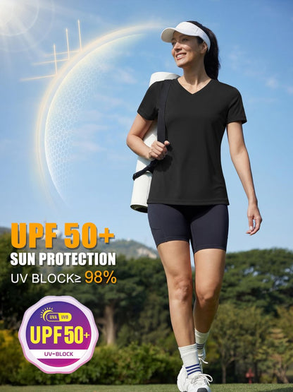 MAGCOMSEN Women's Workout Tops Short Sleeve UPF 50+ Athletic Shirts Quick Dry V-Neck T-Shirt Moisture Wicking Gym Tee