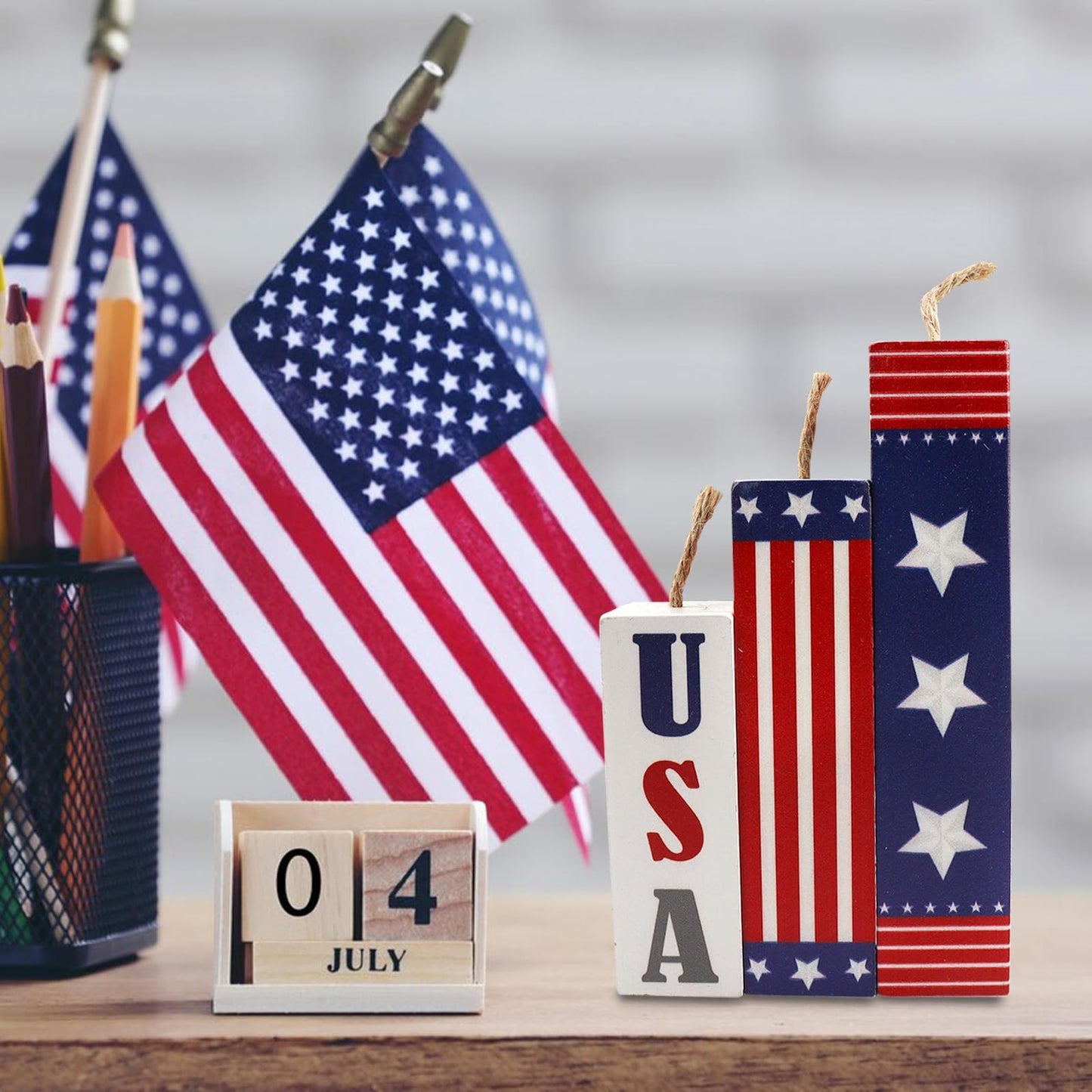 Hying 3 Pieces 4th of July Wooden Block Centerpieces for Table Decorations, Rustic Patriotic Tiered Tray American Stars and Stripes Table Centerpieces for Memorial Day Party Supplies