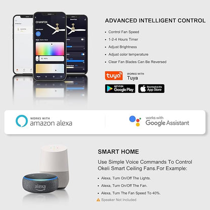 OKELI 52" Smart Ceiling Fan with Light, WiFi Enabled for Alexa & App Control, Reversible Gold Modern Ceiling Fan with Dimmable LED Light and Remote, Clear Blades for Living Room Bedroom