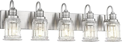 Bathroom Light Fixtures, HWH 5-Light Vanity Light, Modern Brushed Nickel Wall Lighting Over Mirror, Bell-Shaped Striped Glass, 5HZG106B-5W BN