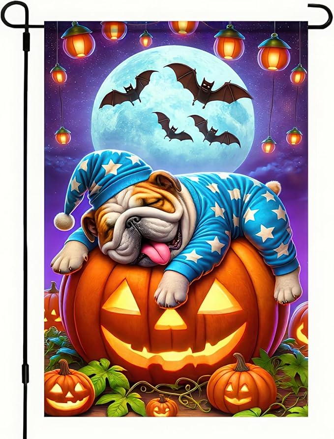 Halloween Garden Flag, 12x18 Inch Double-Sided Polyester, Pug Sleeping on Pumpkin Flag, Outdoor Patio Decoration, Festive Yard Banner, Easy to Hang (Only Garden Flag)