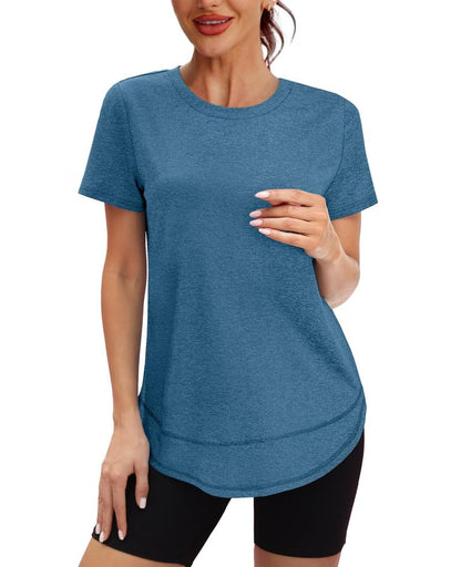 Summer Tops for Women 2026 Short Sleeve Workout Clothes Athletic Shirts Pilates Outfits Camisetas Deportivas para Mujer Blue Green L