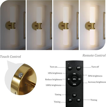 Rechargeable Battery Wall Sconce Set of Two, 8000mAh Cordless, Dimmable, Timer, Remote, Touch Control, 3000K, USB-C Charging for Living Room Gold with White Lampshade (Include 4 Special Bulbs)