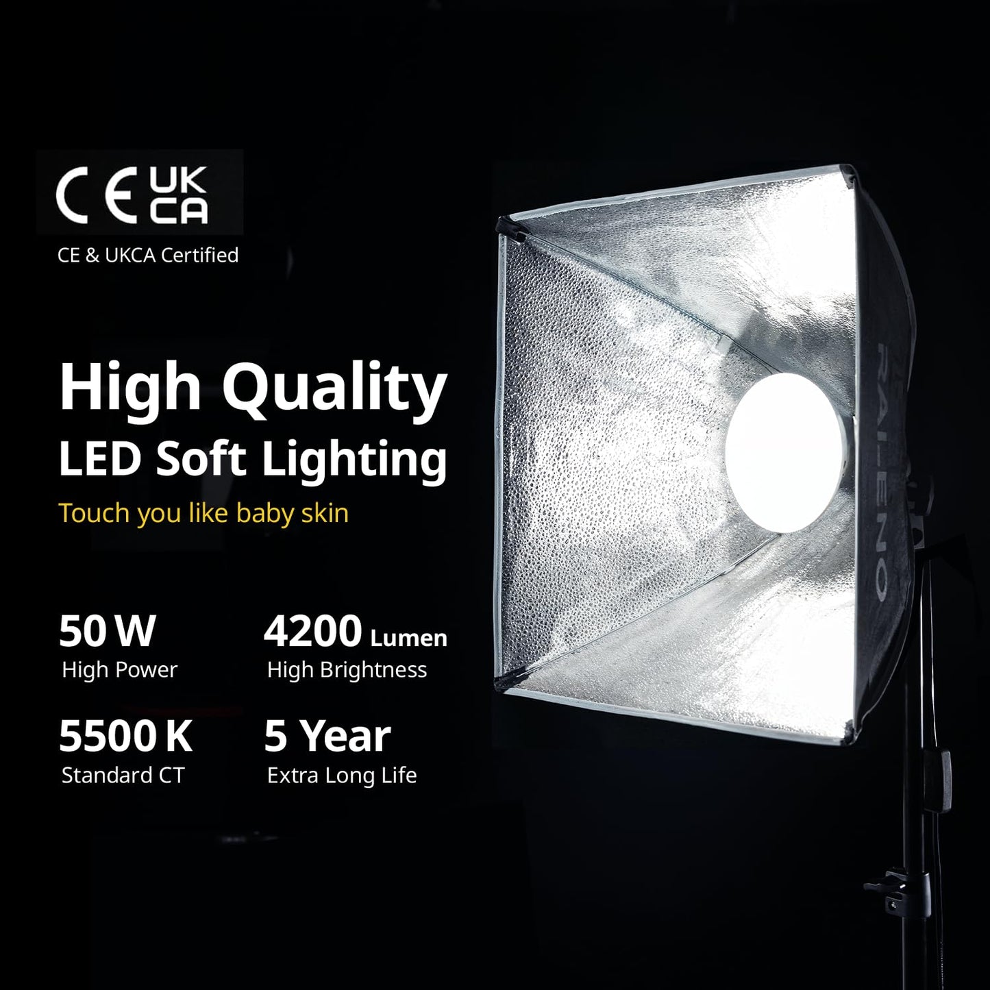 RALENO Softbox Photography Lighting Kit, 16'' x 16'' Softbox Lighting for TikTok with LED Bulb (50W | 5500K | 97 CRI | TLCI≥97), Continuous Lighting for Video Recording & Photography Shooting