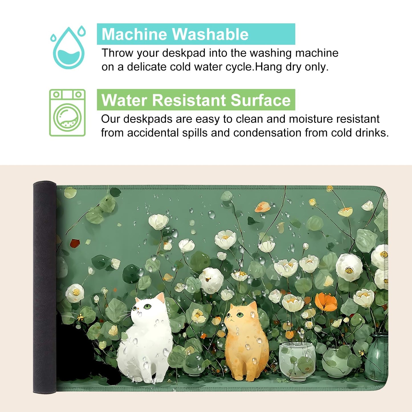 Desk Mat, XXL Extended Gaming Pad for Desktop, 31x12 Inches Floral Cats Three Kittens with Flowers, Large Non-Slip Vegan Leather Surface with Stitched Edges, Keyboard Mouse Mat for Home Office