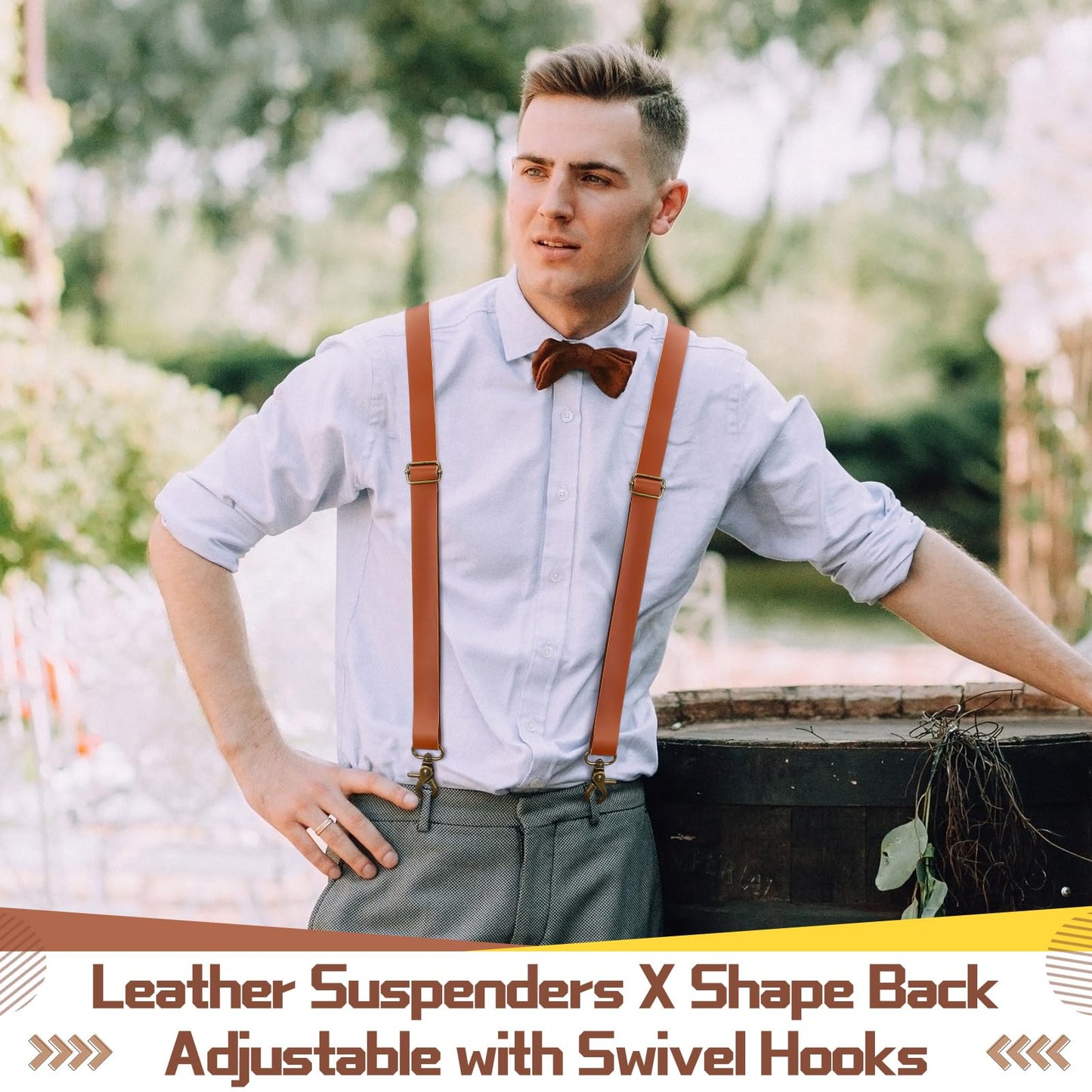 Silicherry 2 Pcs X-Suspenders for men Brown Leather Suspenders Adjustable Back Strap with Swivel Hooks for Jeans Wedding Groomsmen