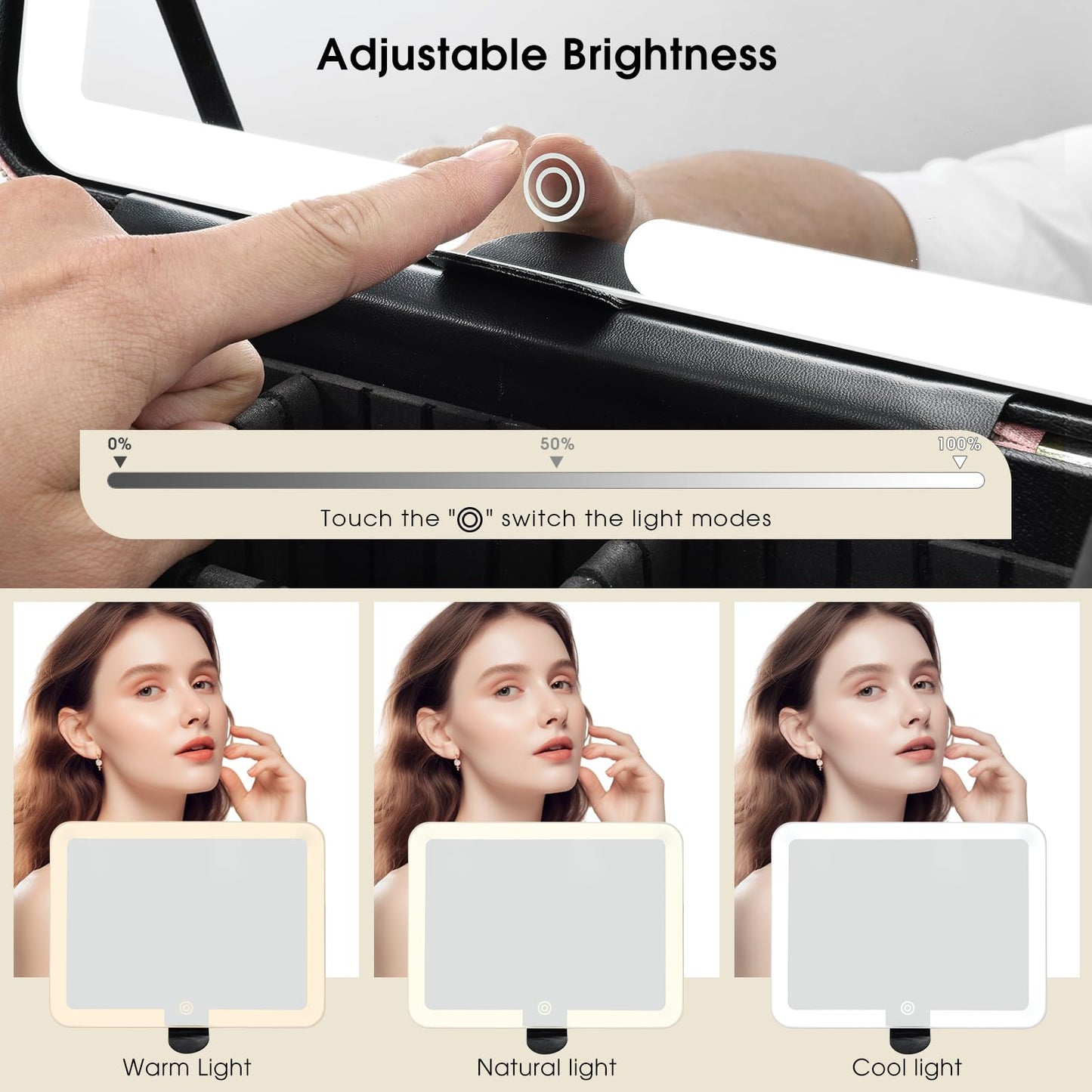 Faquenc Leather Makeup Case with LED Lighted Mirror 11.4 Inch Travel Makeup Bag Adjustable Brightness in 3 Colors Cosmetic Organizer Artist Storage Bag with Dividers Brush Holder Bag Vanity White