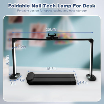CGBE Foldable Nail Light for Desk with Phone Holder, Ultra-Large 33.5" Manicure Nail Tech Lights for Desk for Nails, Tattoos, Eyelash, Facial, Beauty (Black)