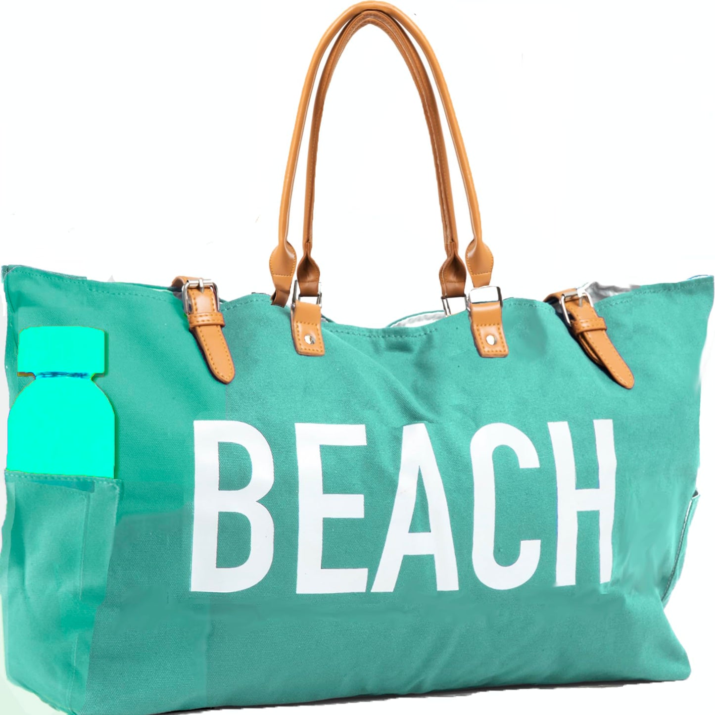 Keho Women's Fashion Trendy Beach Bag – Vegan Leather Handles, Pockets, & Waterproof/Sandproof Design - (Green)