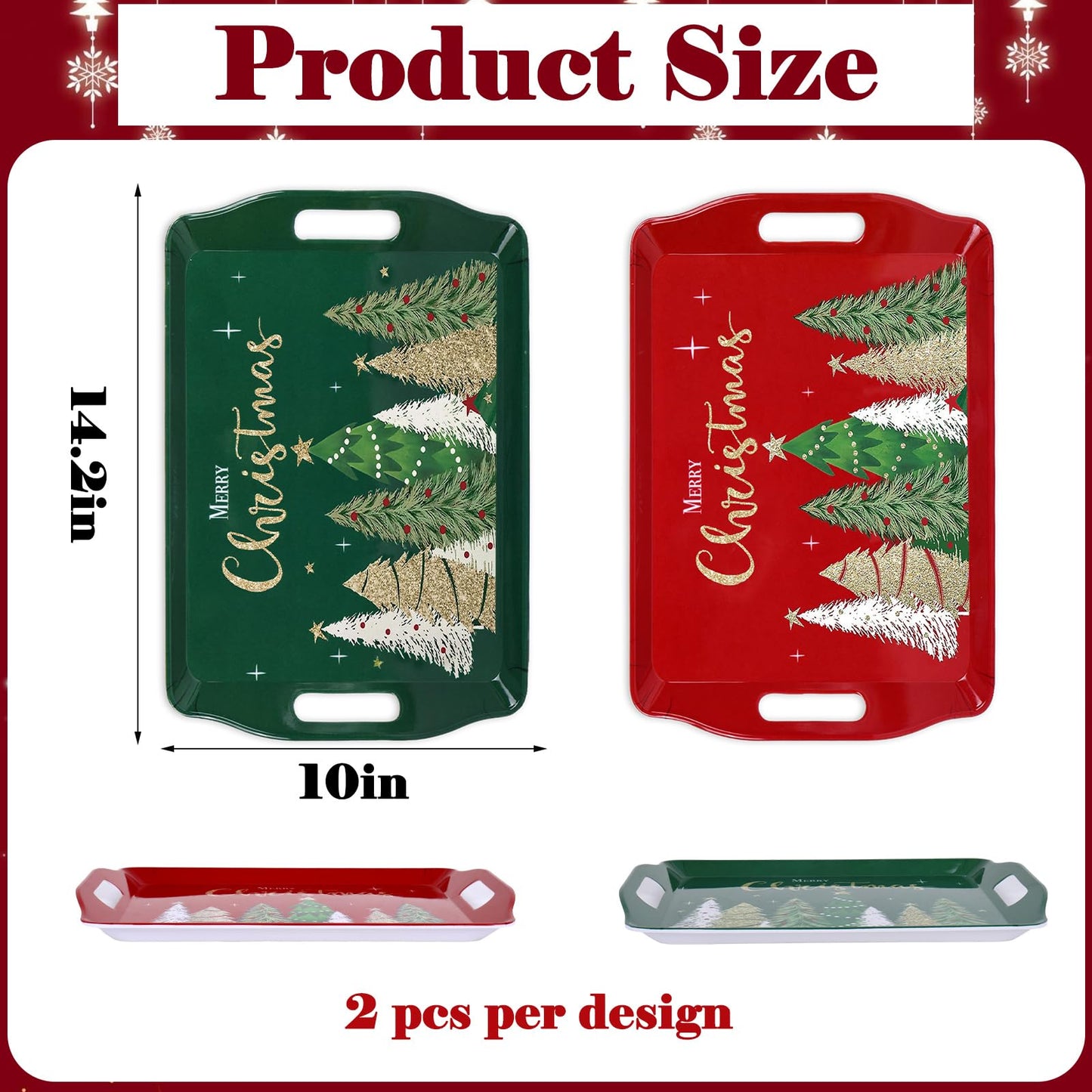 4 Pcs Merry Christmas Serving Tray Xmas Tree Handled Melamine Board Red Green Gold Serving Platter for Home Party Food Supplies