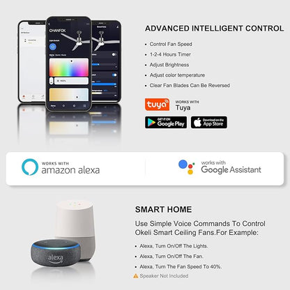 OKELI 52" Smart Ceiling Fan with Light, WiFi Enabled for Alexa & App Control, Reversible Black Modern Ceiling Fan with Dimmable LED Light and Remote, Clear Blades for Living Room Bedroom