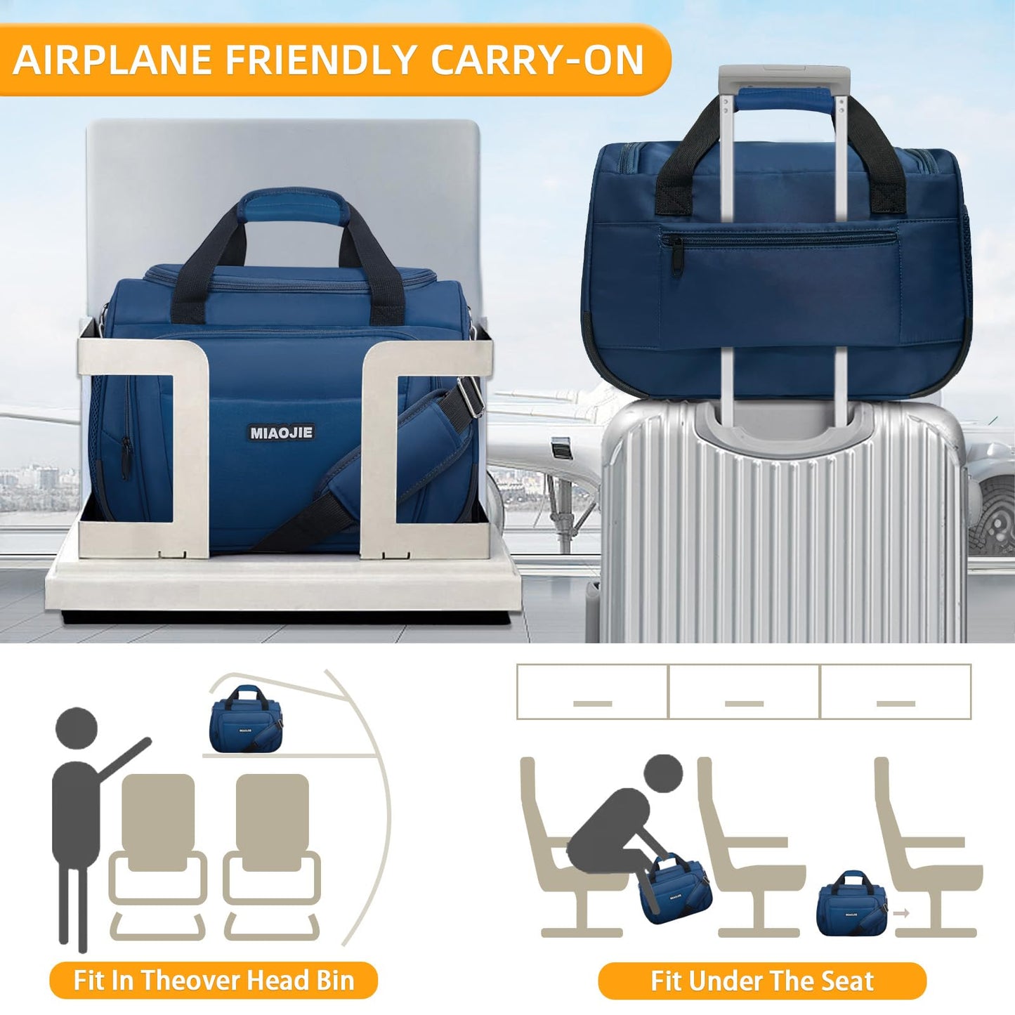 Underseat Carry On Luggage Lightweight Travel Tote Weekender Bag Overnight Duffle Bag for Travel, Travel Essentials Personal Item Travel Bag for Women and Men, Blue-16Inch
