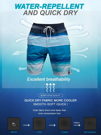 SILKWORLD Mens Swim Trunks with Compression Liner Quick Dry Split-Leg Swimsuit Swimwear Men's Shorts Bathing Suit,Blue and White Stripes,Large