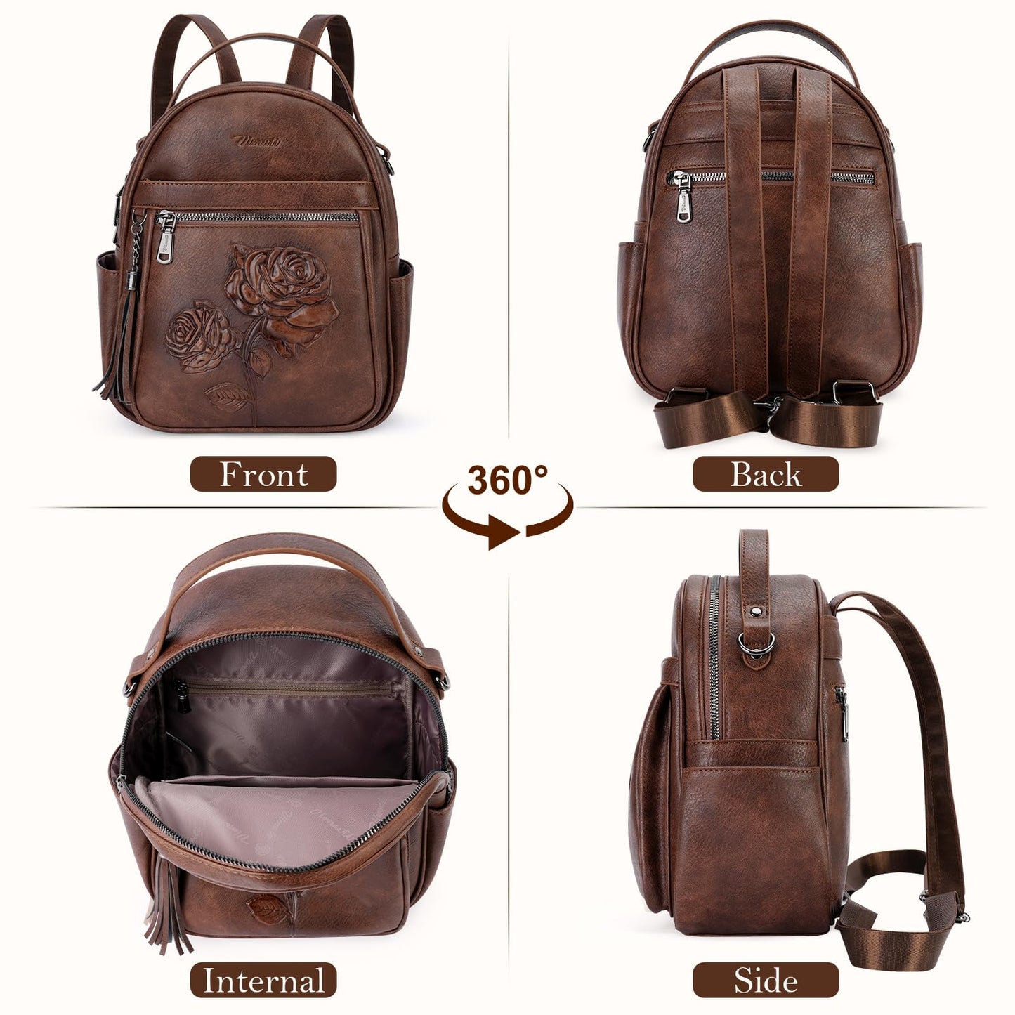 VIMUTI Mini Backpack Purse for Women,Embossed Leather Small Backpack Fashion Travel Backpacks Daypacks Shoulder Handbag (COFFEE-Flower)