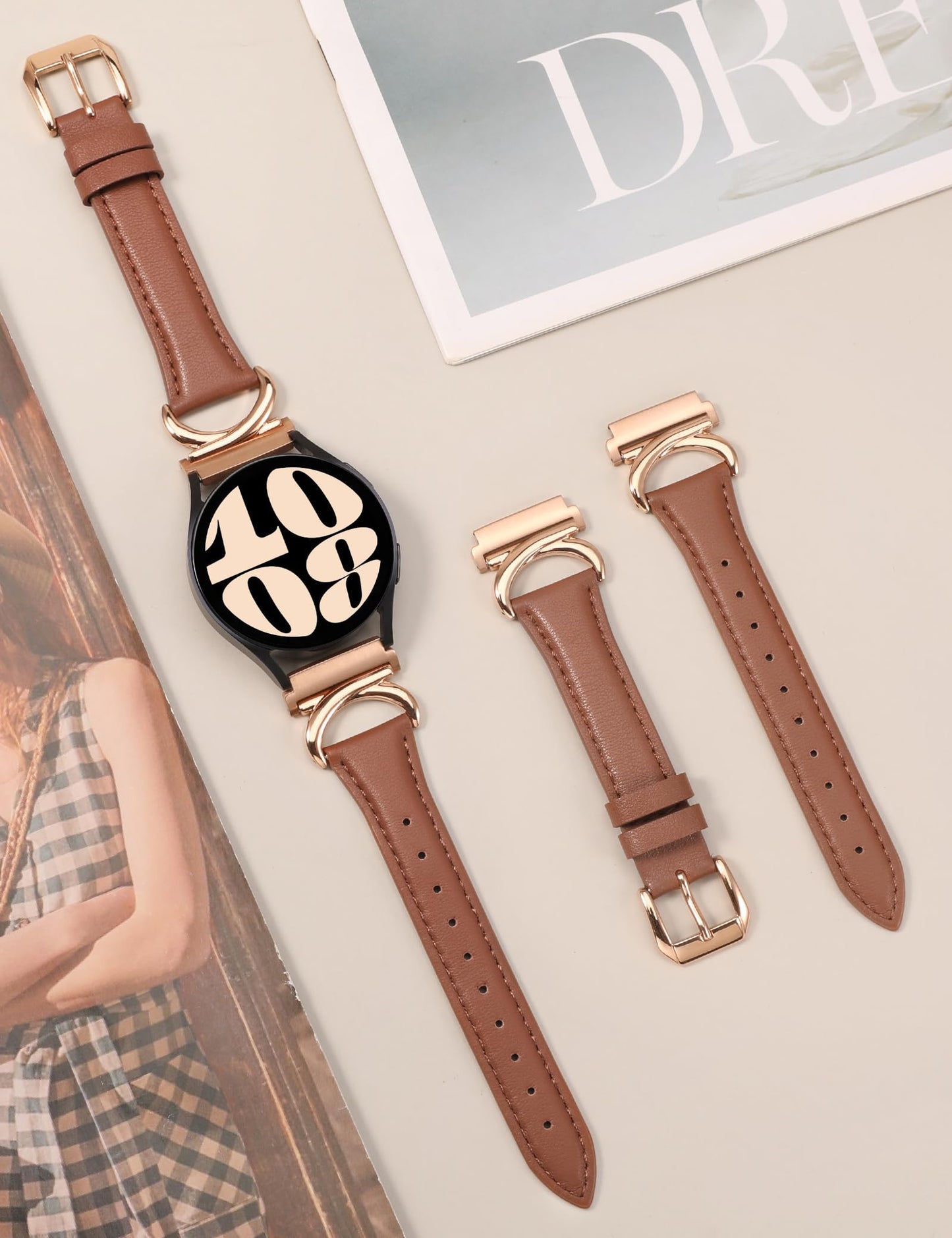 Minyee Leather Bands Compatible with Samsung Galaxy Watch 7/6/5/4/FE/Active 2 40mm 44mm/Watch 6 Classic 43mm 47mm/Watch 5 Pro 45mm Band, 20mm Slim Dressy Leather Strap with C-Shape Metal Buckle Women
