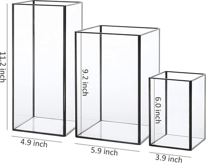 Set of 3 Square Glass Hurricane Candle Holders, Clear Glass Framed in Black-Finish Brass, Great for Home Decor and Wedding,Holiday Decor.