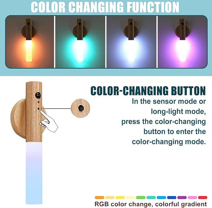 LANDGOO Wireless Wall Sconces Set of 2, RGB Motion Sensor Lights Indoor, Rechargeable LED Night Lights with Wood Design for Bedroom/Closet/Stairs
