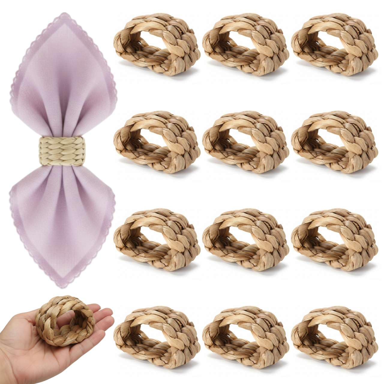 24 Pcs Napkin Rings Rattan for Thin Napkins, Handwoven Semicircle Wicker Napkin Holders for Boho Farmhouse Table Decor, for Thanksgiving, Weddings, Easter and Coastal Summer Parties