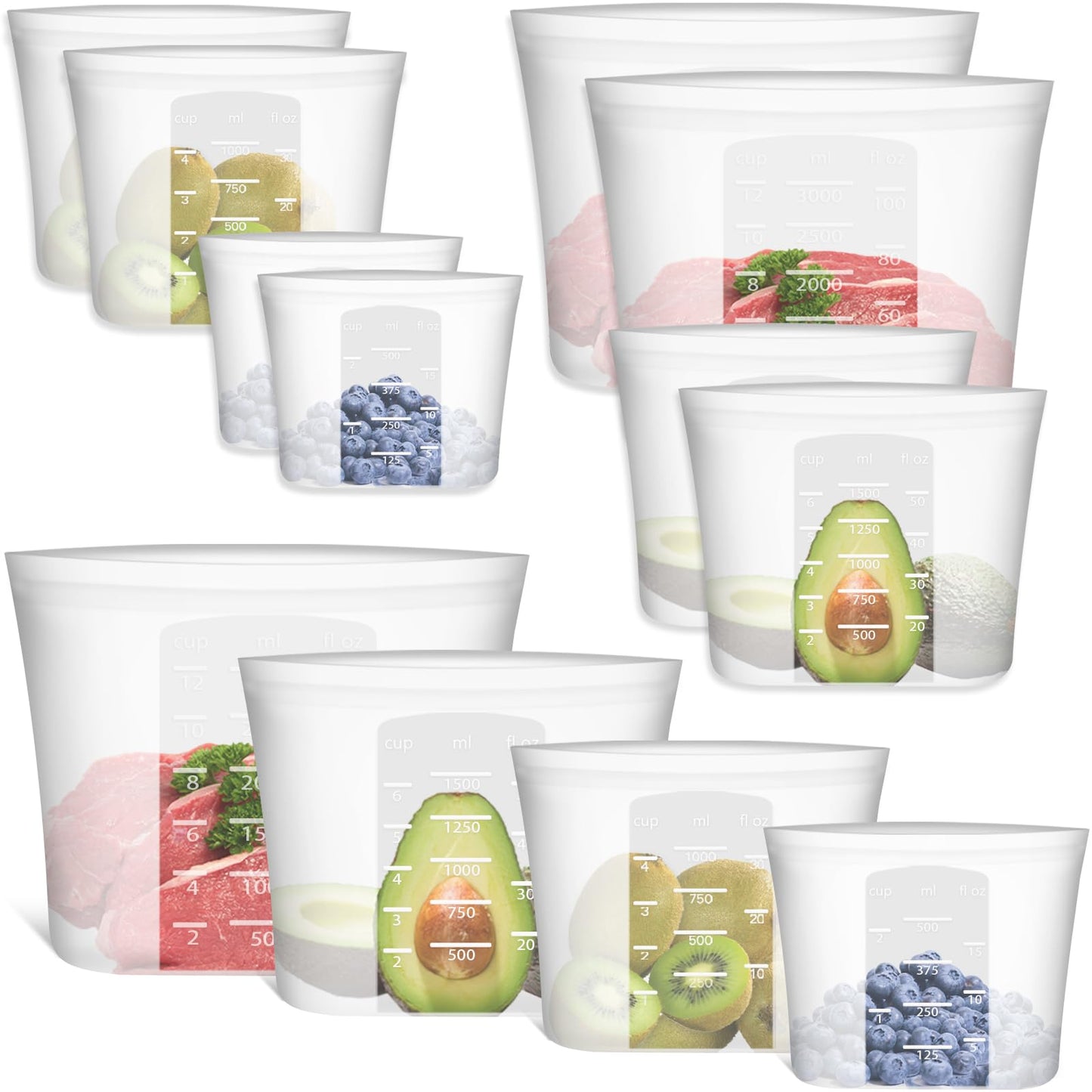 Reusable Food Bags, 12 Pack 100% Silicone Food Storage Bags Stand Up Zip Lock Container, Freezer Microwave Oven Dishwasher Safe, 4 Medium 4 Small 4 Extra Small, Aqua