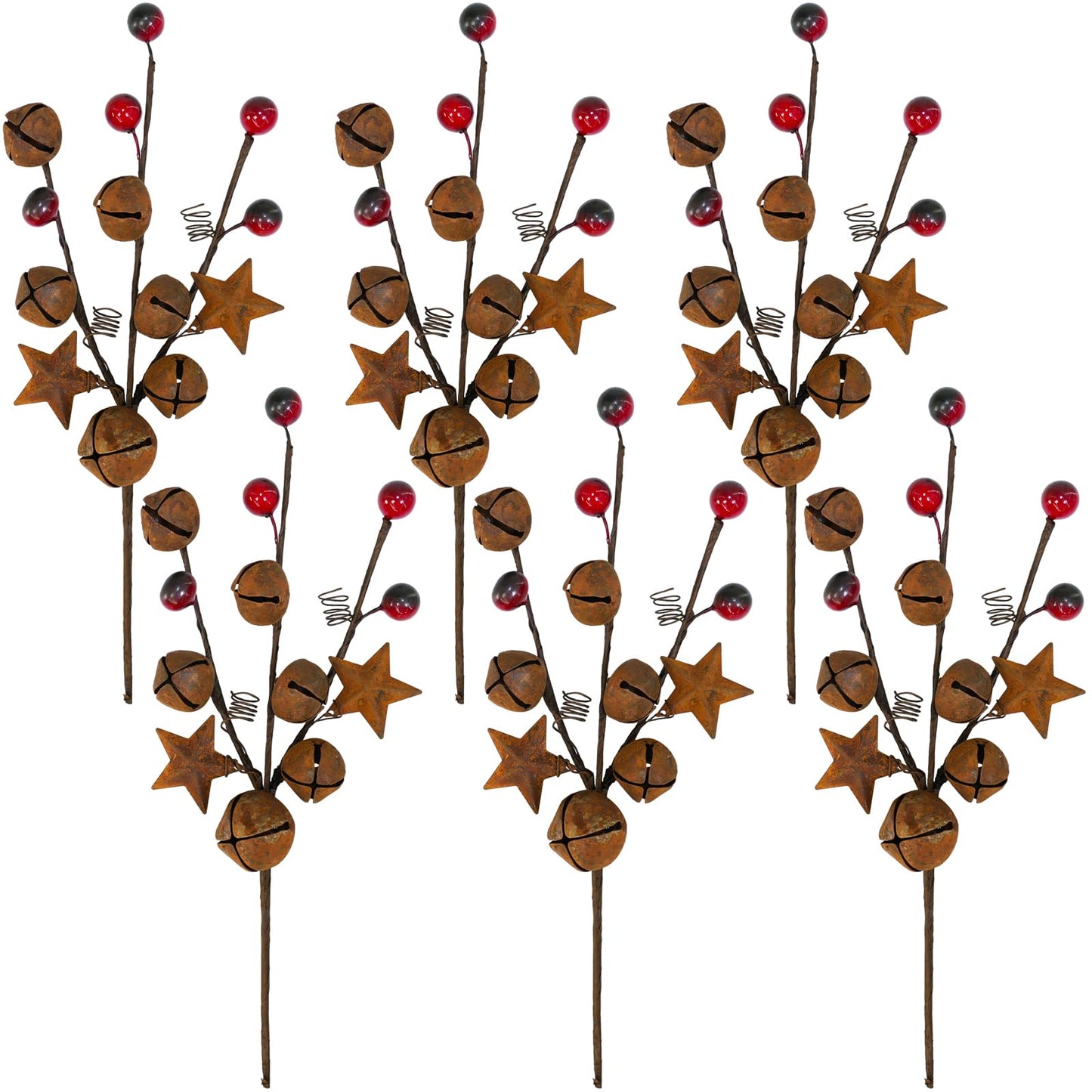 Winlyn 6 Pcs Christmas Rustic Bells Picks Holiday Floral Stem Stars Sprays with Burgundy Berries 10.6" for Christmas Tree Farmhouse Primitive Arrangement Centerpiece DIY Wreaths Garlands