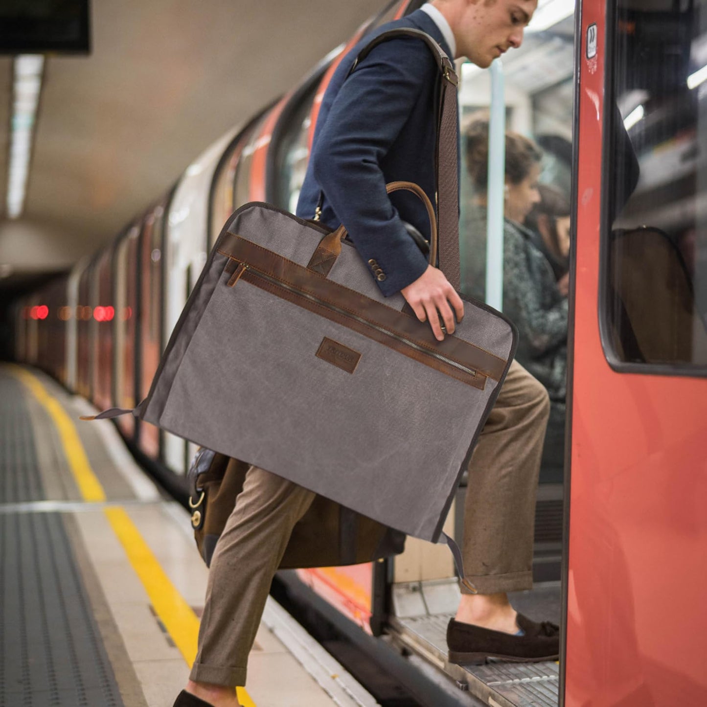 TRITOUR Garment Bags for Travel Leather canvas Suit Bag with Extended Design Computer Compartment