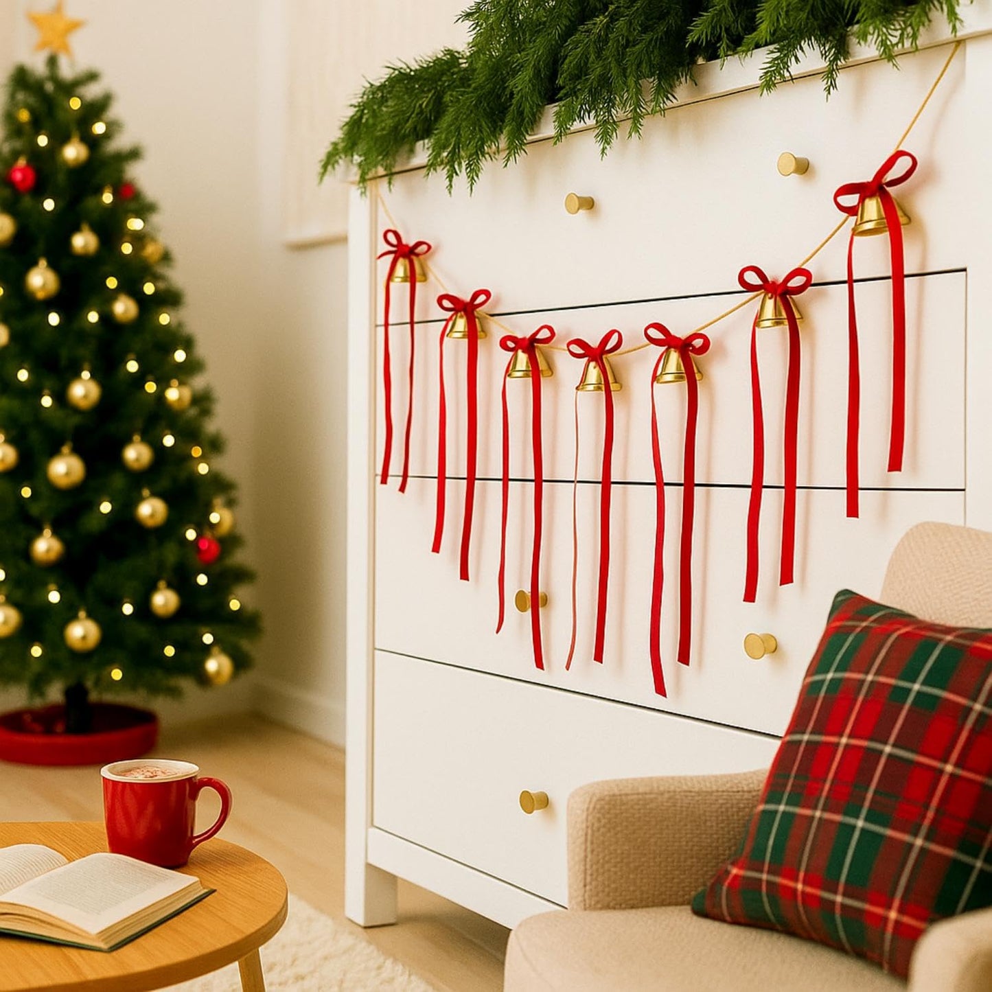 Suncalla 10 Feet Christmas Velvet Bow Garland with Jingle Bell Red Ribbon Bow Jingle Bell Banner Velvet Christmas Ornaments for Xmas Tree Fireplace Staircase Indoor Outdoor Decoration