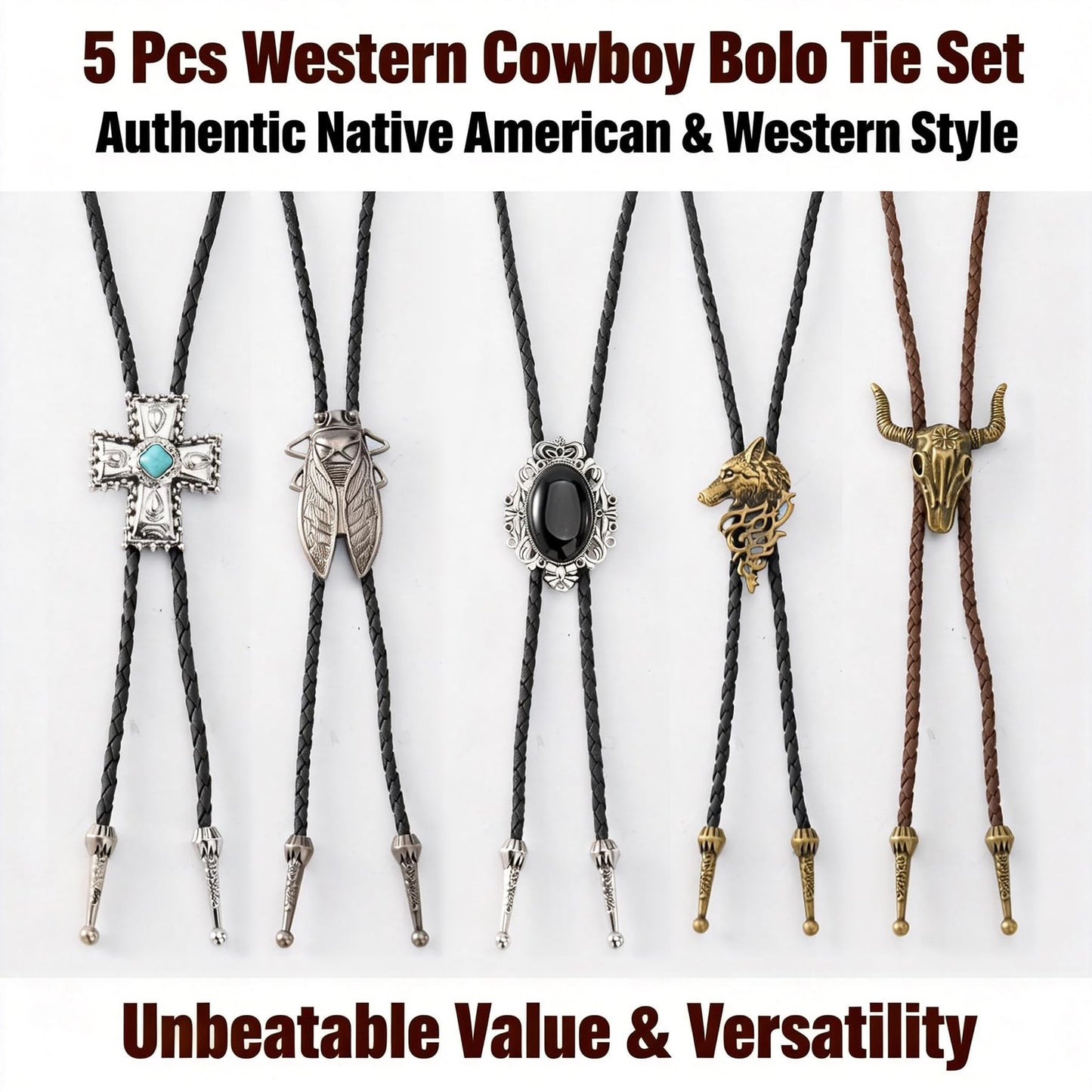 INSYOHO 5 Pcs Western Cowboy Bolo Tie for Men Women Native American Turquoise Cross Leather Necktie Rodeo Costume Necklace Accessories with Cicada, Fox Head, Bull Head Pendant Designs
